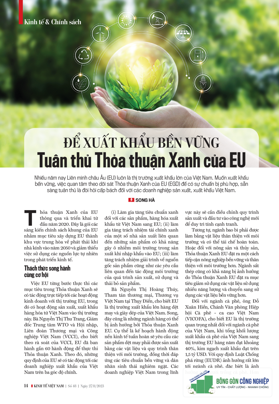 Để xuất khẩu bền vững: Tuân thủ Thỏa thuận Xanh của EU - Ảnh 1