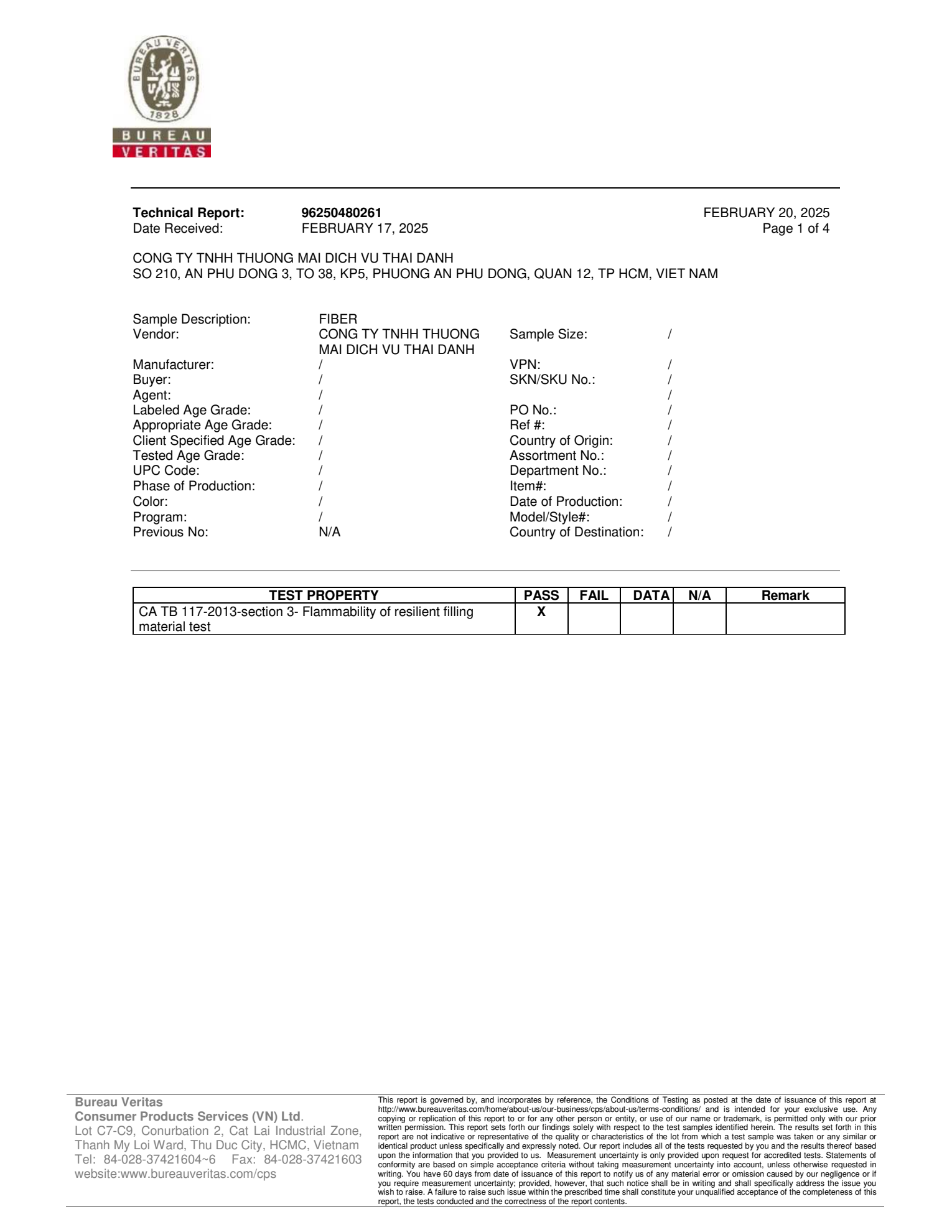 Thử Nghiệm Chống Cháy California TB 117-2013 (Bureau Veritas)
