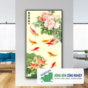 Mẫu tranh cửu ngư quần hội đẹp kiểu khổ dọc cao