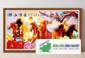 Mẫu tranh bát mã đàn ngựa cành đào và hoa mẫu đơn
