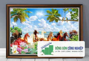 Mẫu tranh bát mã hoa sen cây dừa và cảnh biển