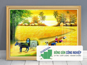 Tranh đồng quê lúa chín mùa vàng bội thu đẹp